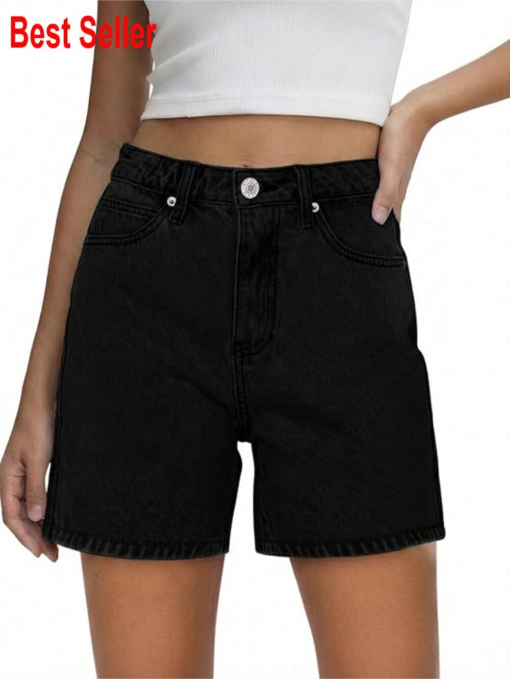 High Waisted Stretchy Denim Shorts With Pockets And Raw Hem